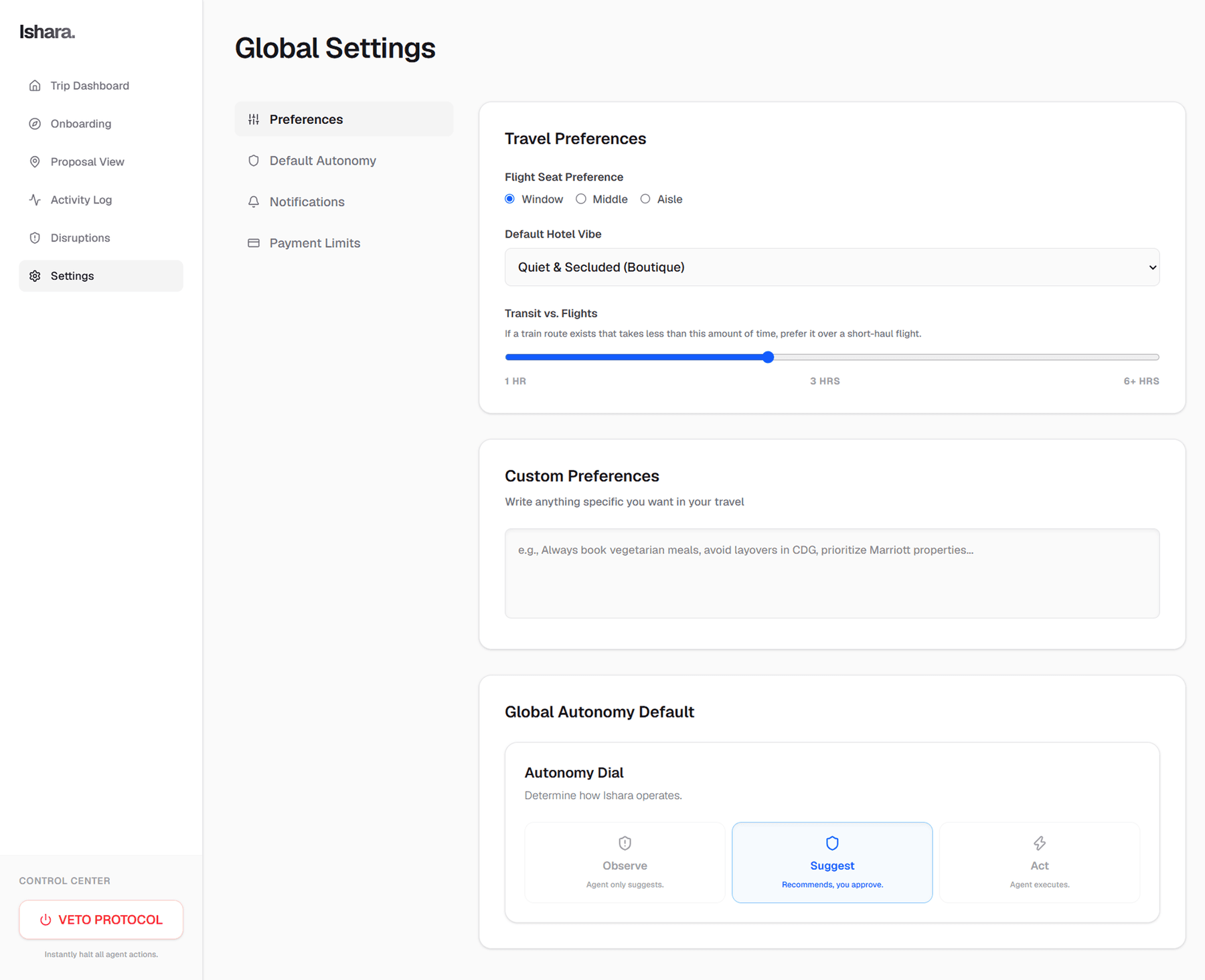 Ishara Settings Screen